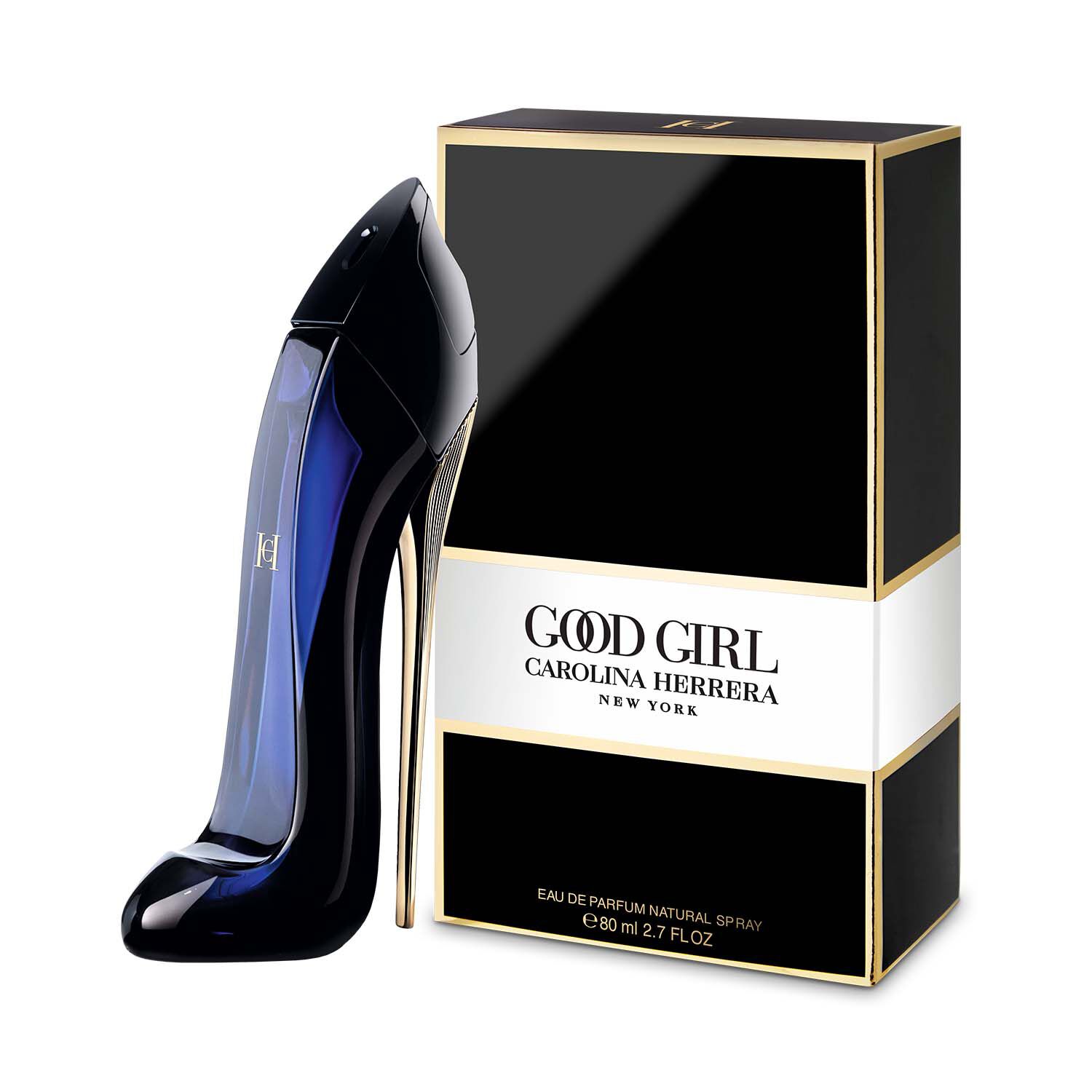 The Carolina Herrera Good Girl Eau de Parfum 80ml is beautifully captured in a sleek, stiletto-shaped bottle, featuring elegant black glass with gold accents, resting on a clean white background. A close-up reveals the intricate details of the bottle, including its unique stiletto heel design and the luxurious black and gold finish, with the brand name prominently displayed. The original box, adorned in black and gold with the brand logo, exudes sophistication and luxury, making it a perfect gift or additio