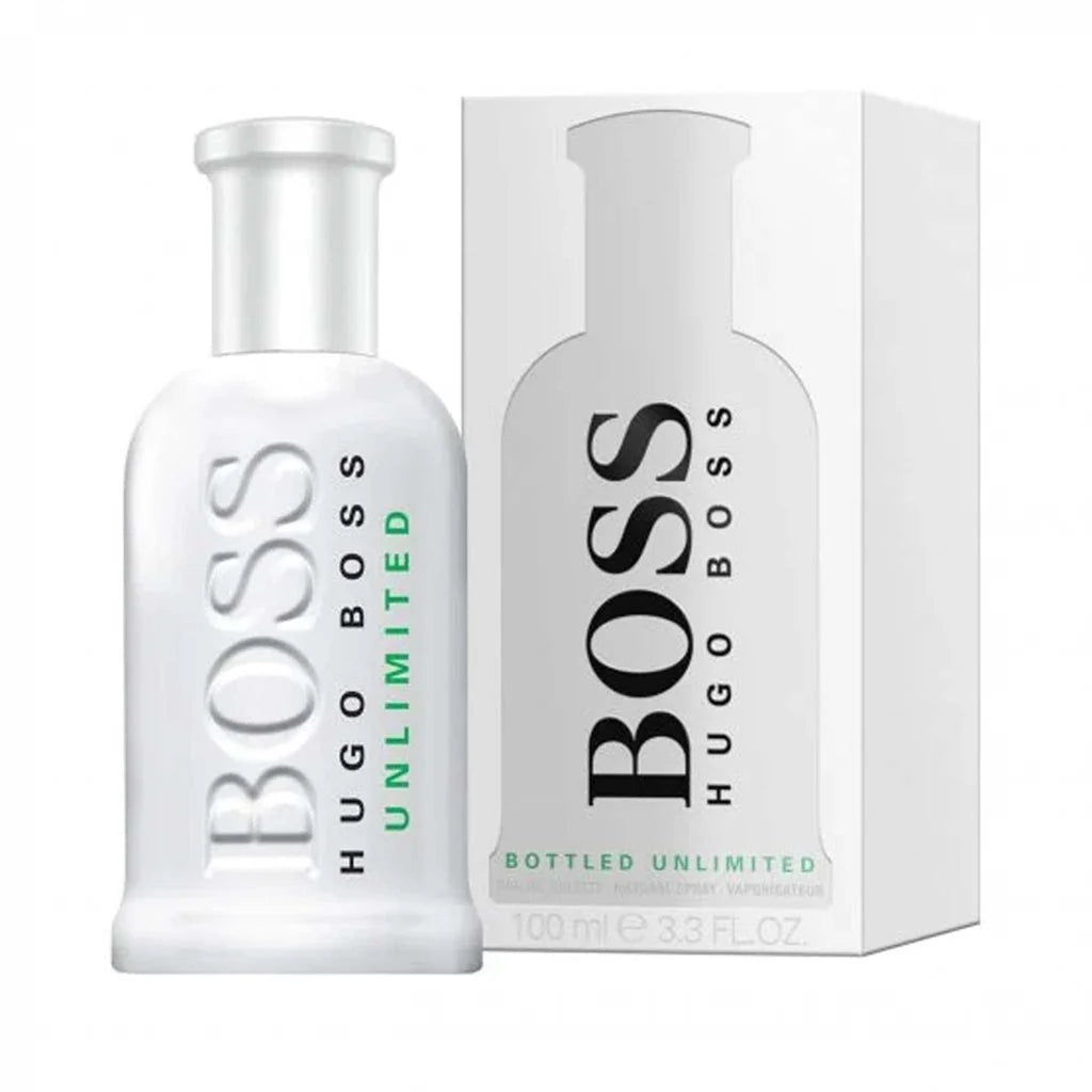 "Hugo Boss Bottled Unlimited Eau de Toilette EDT Long Lasting Spray for Men 100ML – a fresh fragrance with top notes of mint, grapefruit, and violet leaves, a heart of cinnamon and spicy florals, and a warm base of sandalwood and musk for a vibrant, long-lasting scent."
